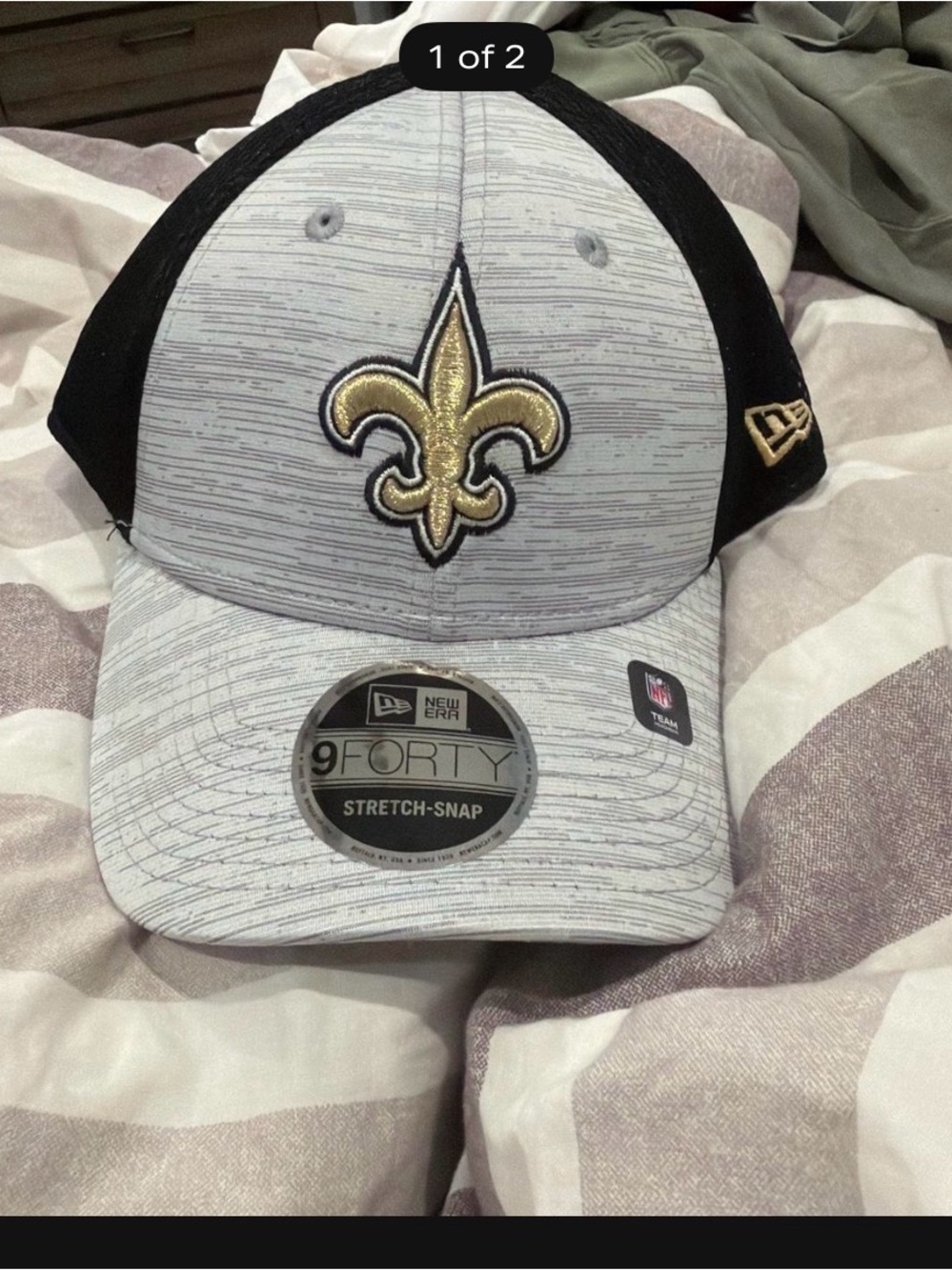 New Era 9FORTY Stretch-Snap Saints Cap - White & Black with Gold Fleur-de-lis